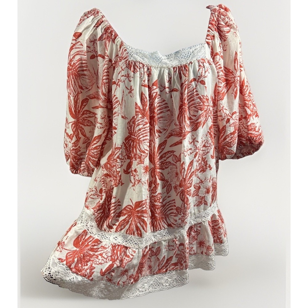 Artelier Nicole Miller Red Floral Linen Rayon Crochet Lace Trim Tunic Top Small